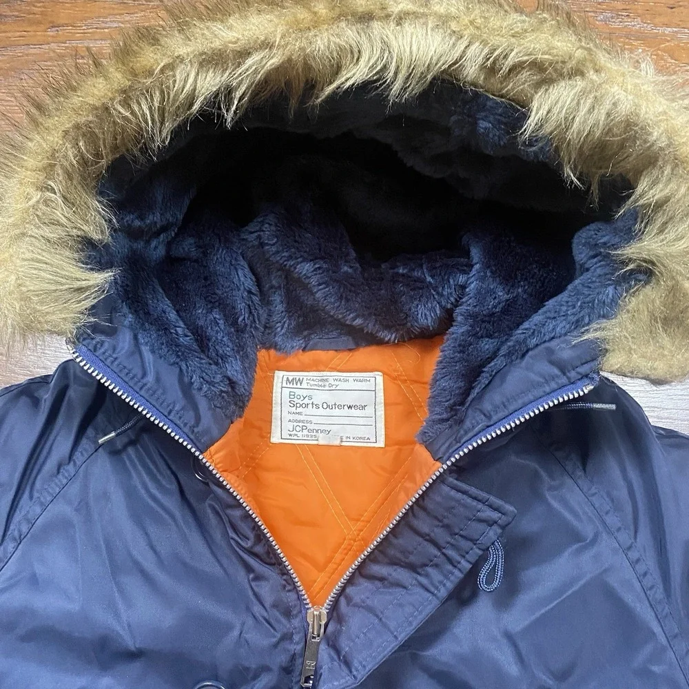 Vintage JCPenney Boys N-3B Parka Jacket Navy Blue Faux Fur Hood XL 18-20